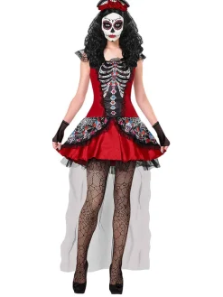 3-częściowy kostium "MUJER DIA DE LOS MUERTOS" w kolorze czerwonym ze wzorem