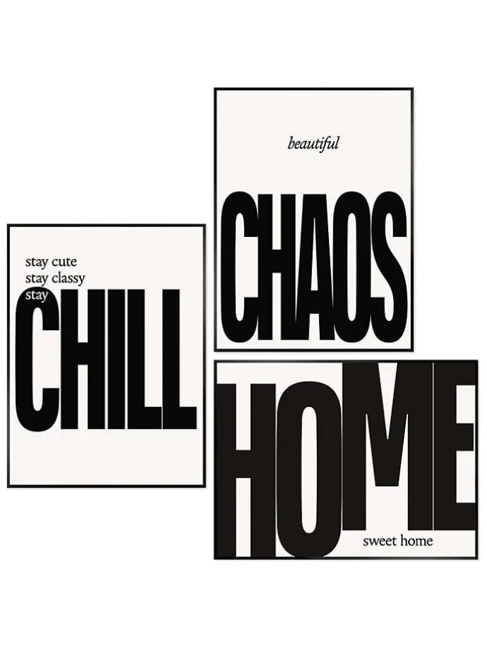 Druki artystyczne (3 szt.) "Chill Chaos Home" w ramce