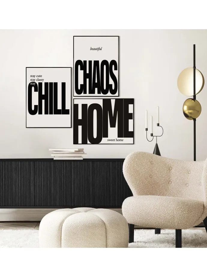Druki artystyczne (3 szt.) "Chill Chaos Home" w ramce