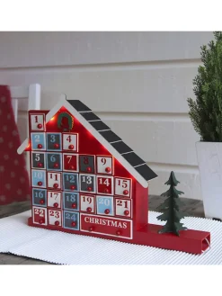 Kalendarz adwentowy LED "Yuletide" w kolorze czerwonym ze wzorem - 44 x 32 cm