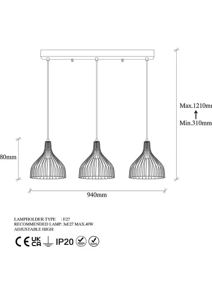 Lampa wisząca "Cafu" w kolorze czarnym - 70 x 121 cm