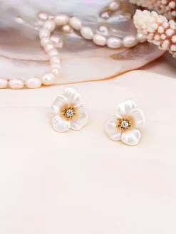 Pozłacane kolczyki-wkrętki z masą perłową i cyrkoniami