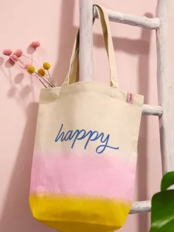 Shopper bag "Happy" w kolorze beżowo-jasnoróżowo-żółtym