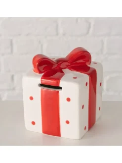 Skarbonka "Gift" w kolorze biało-czerwonym - wys. 10,5 cm