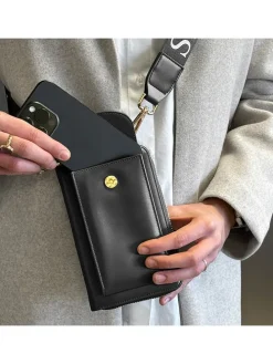 Skórzana torebka w kolorze czarnym na telefon - 15 x 8 x 2 cm