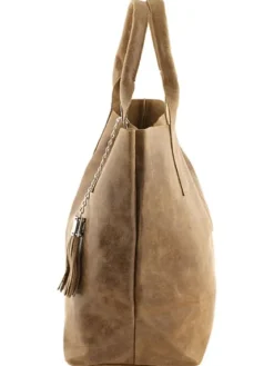Skórzany shopper bag "Laura" w kolorze beżowym - 38 x 41 x 20 cm