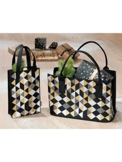 Torebka "Modern graphic" w kolorze czarno-beżowo-białym - 40 x 26 x 25 cm