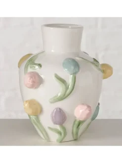 Wazon "Tulipe" w kolorze kremowym ze wzorem - 11,5 x 13,5 x 11 cm